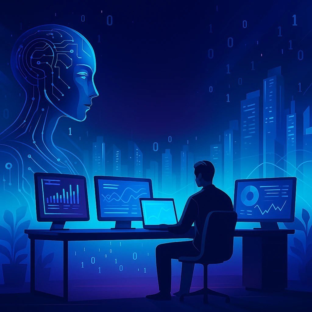 Illustration of a person working at a desk beneath a stylized AI figure